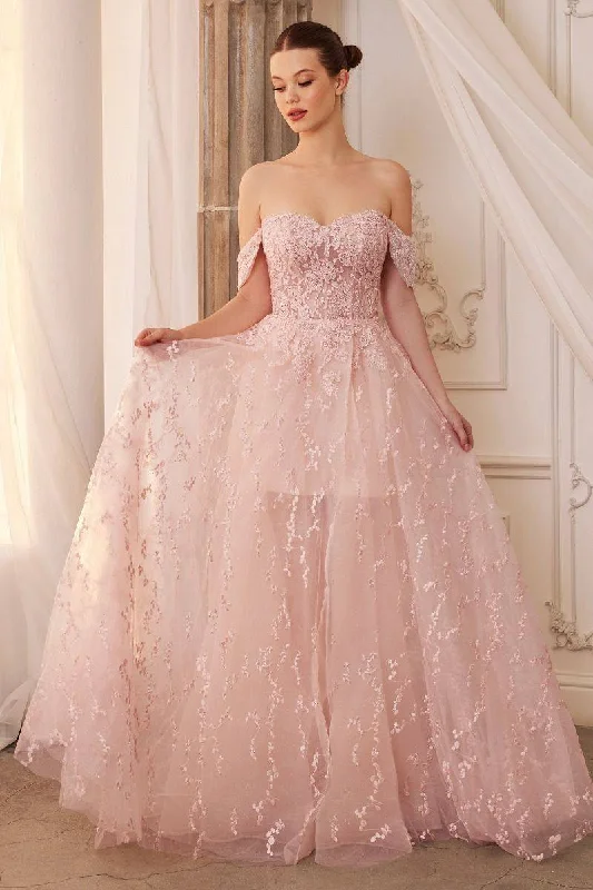 A-line dressOff Shoulder Sheer Laced Bodice Bouquet Lace A-line Overskirt Long Prom & Gala Dress CDA1207