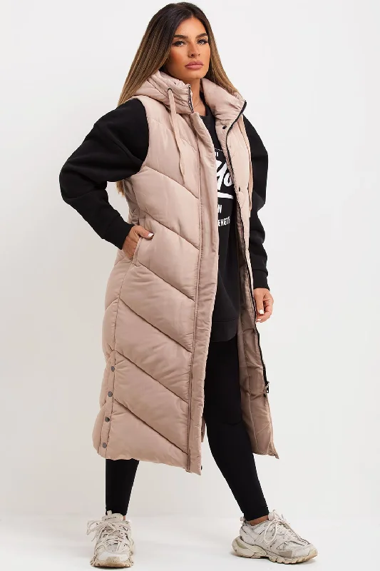 cold weather coatBeige Long Gilet With Chevron Padded Style