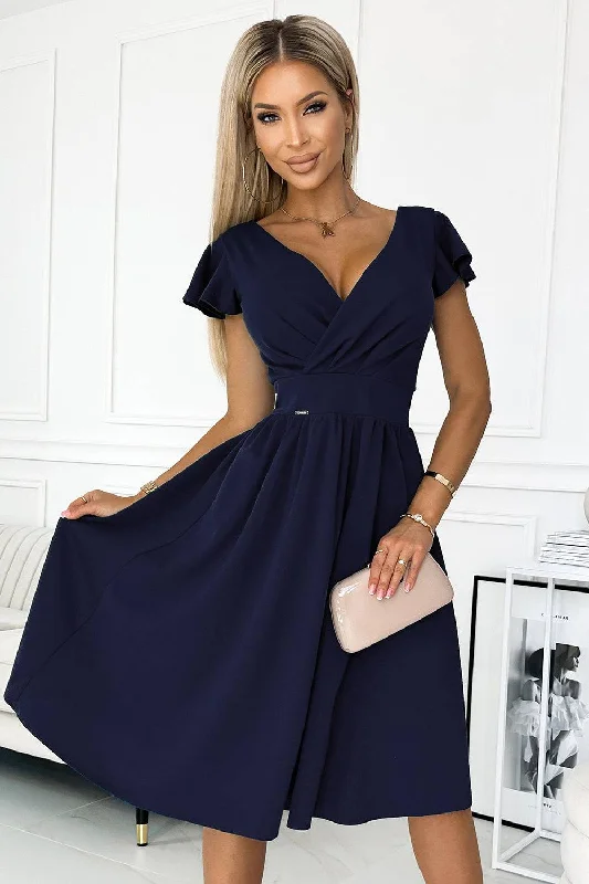 satin midi dressNumoco 425-3 MATILDE Dress with a neckline and short sleeves - dark blue