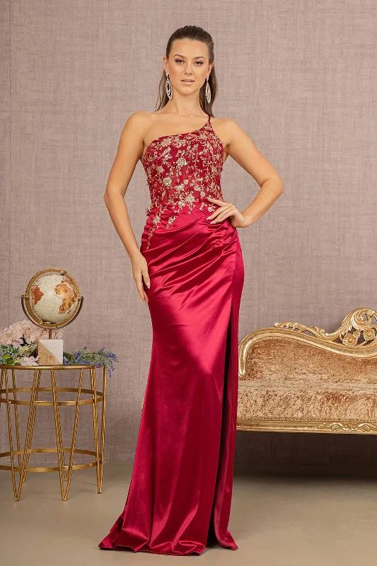 minimalistic dressStrapless Sheer Bodice Glitter Satin Mermaid w/ Ruched Back Long Prom Dress GLGL3125