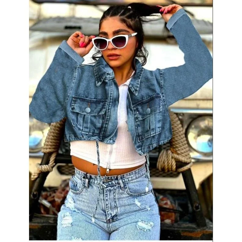 trendy bomber coatLong Sleeve Cropped Raw Hem Denim Jacket