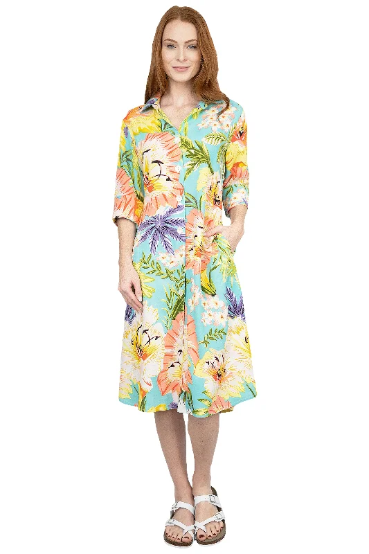 casual knit dressLa Cera Tropical Floral Printed Button-Down Shirt Dress