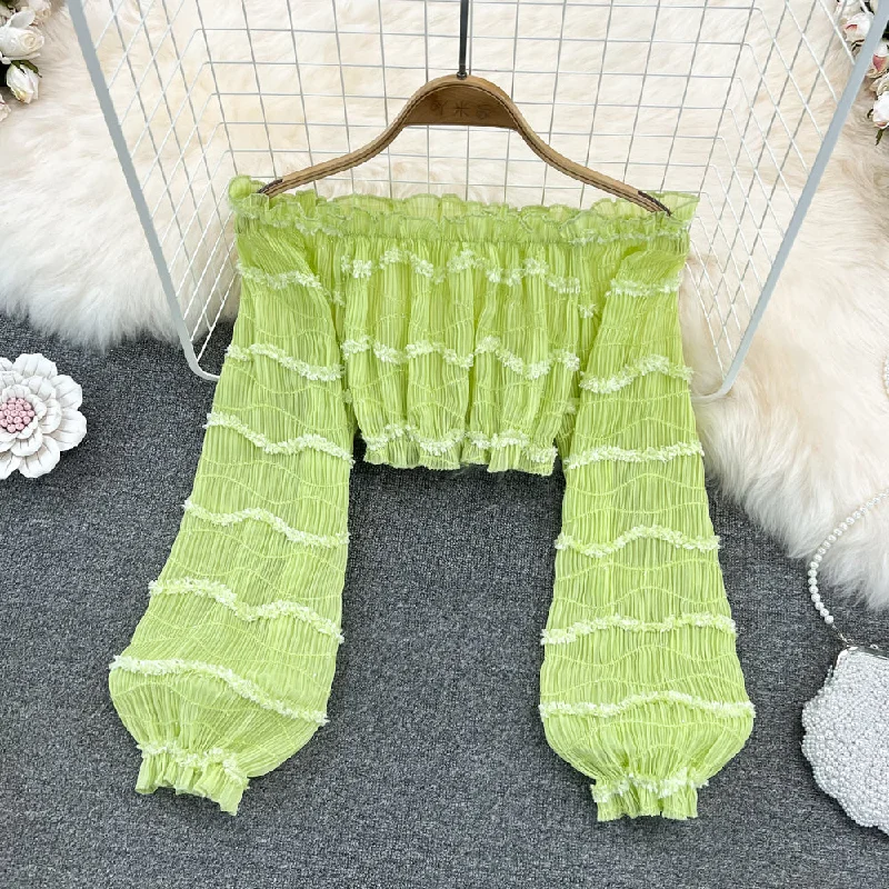 trendy bomber coatCute Ruffled Ruffled Lantern Sleeve Chiffon Shirt Cropped Top    S197