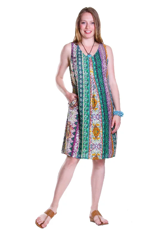 trendy mini dressLa Cera Green Multi Print Sleeveless Dress