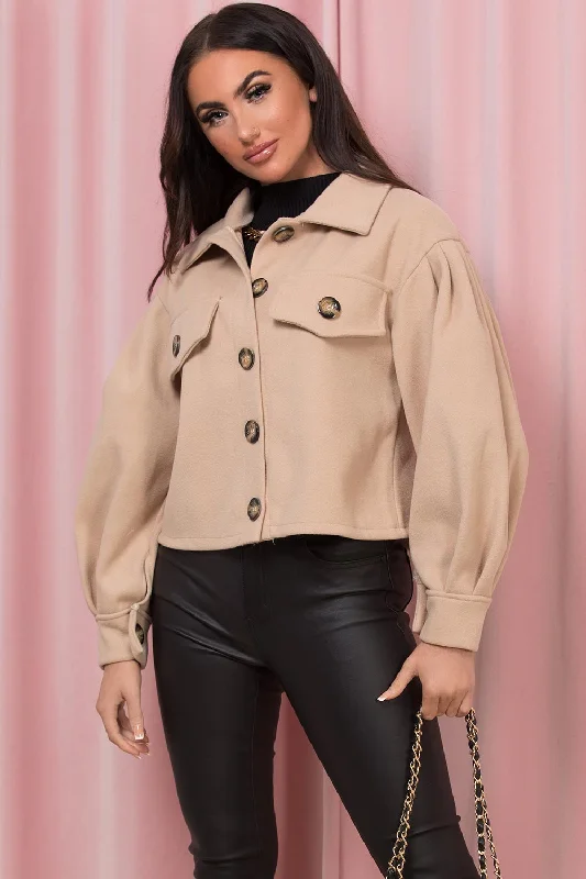 warm outerwearBeige Cropped Shacket Jacket With Puff Sleeves