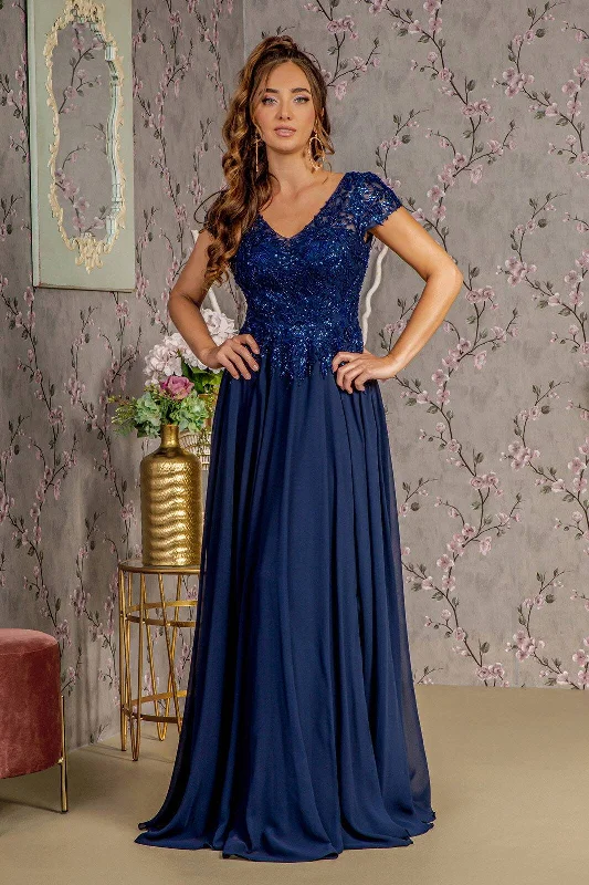 draped dressEmbroidery Sequin Sheer V-neckline Chiffon A-line Long Mother Of The Bride Dress GLGL3450